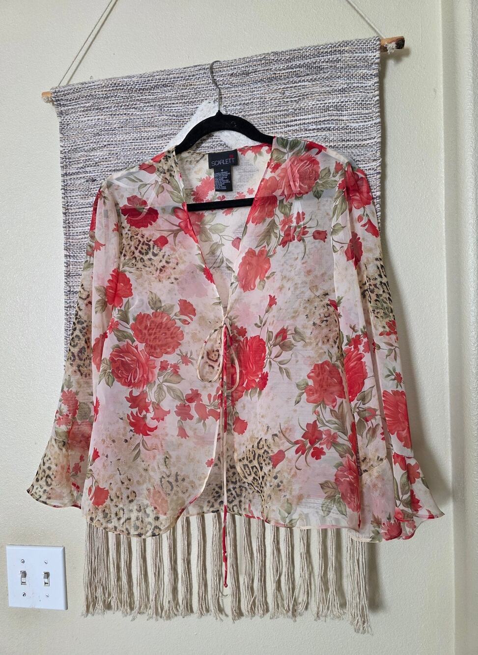 Vintage Y2K Scarlett Women’s 12 Floral Sheer Blouse Red Pink Leopard Print Boho